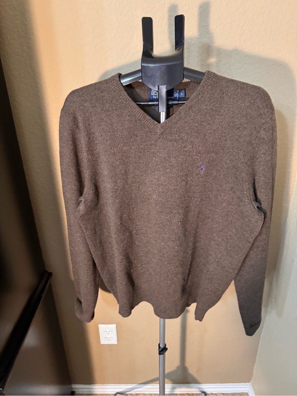 Vintage Ralph Lauren Lamb Wool Brown V-Neck Sweater with Purple Polo Logo